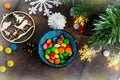 Merry Christmas and happy New year. Christmas decoration design on wooden background with candy bowl.the composition of Christmas Royalty Free Stock Photo