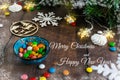 Merry Christmas and happy New year. Christmas decoration design on wooden background with candy bowl.the composition of Christmas Royalty Free Stock Photo