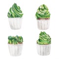 Christmas tree shaped cupcakes watercolor illustration isolated on white background