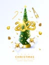 Merry Christmas and Happy New Year 2023. Christmas Tree surrounded by golden number 2023, confetti, gift boxes, champagne bottle, Royalty Free Stock Photo