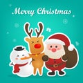 Merry christmas and happy new year with ciute santa claus snowman and reindeerwith christmas icon background