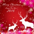 Merry Christmas and Happy New Year 2016. With the color full snow and the white reindeer on the blue background. Royalty Free Stock Photo