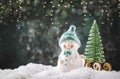 Merry Christmas and happy New Year composition with copy space. Little snowman carries Christmas tree from fairy forest to home. Royalty Free Stock Photo