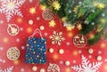 Merry Christmas and happy New year. composition on a red background of Christmas tree branches, lights, cones,toys,candy, Royalty Free Stock Photo