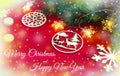 Merry Christmas and happy New year. composition on a red background of Christmas tree branches, lights, cones,toys,candy, Royalty Free Stock Photo