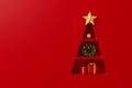 Background shelf christmas tree shape with gift box and decorate element on red background