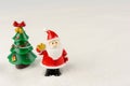 Merry Christmas and happy new year concept. Cute santa claus figure and tree on snow with copy space