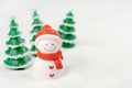 Merry Christmas and happy new year concept. Cute snowman figure and tree on snow with copy space