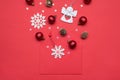 Merry Christmas and Happy New year concept. Top above overhead close up photo image of unpacked red color bright envelope and