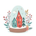 Merry Christmas and Happy New Year concept. Christmas winter glass Snowball with Christmas Tree and gingerbread retro houses.