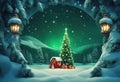 Merry Christmas and Happy new year concept Winter landscape in green circle decorated with christmas tree stars and santa claus Royalty Free Stock Photo