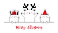 Merry Christmas Happy New Year. Cute bear bunny cat. Red Santa hat, deer horns. Funny kawaii doodle animal set. Cartoon funny baby Royalty Free Stock Photo