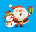 Cute cartoon Santa Claus holding Christmas present and hand touch on snowman head Royalty Free Stock Photo