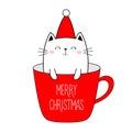 Merry Christmas Happy New Year. Cute cat in cup of coffee tea. Red Santa hat. Funny kawaii doodle animal. Line kitten kitty.