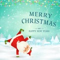 Merry Christmas. Happy new year. Cute, funny Santa Claus standing on his arm in christmas snow scene with falling snow, garlands. Royalty Free Stock Photo