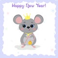 Merry Christmas and Happy New Year. A cute gray mouse princess in a crown holds a Christmas tree toy on a white Royalty Free Stock Photo