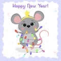 Merry christmas and a happy new year. A cute gray mouse-rat in a star rim holds a garland for a Christmas tree on a Royalty Free Stock Photo