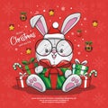 Merry Christmas And Happy New Year With Cute Little Rabbit Santa Claus Red Hat, Christmas Balls, Gift Box And Candy Cane. Season`s Royalty Free Stock Photo