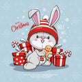 Merry Christmas And Happy New Year With Cute Little Rabbit Santa Claus Red Hat, Gingerbread, Candy Cane, Gift Box On Blue Backgrou