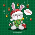 Merry Christmas And Happy New Year With Cute Little Rabbit Santa Clause Red Hat, Candy Cane, Gift Box And Christmas Tree. Season`s