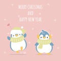 Merry christmas and happy new year 2020 with cute and lovely hand drawn couple penguin in the winter season pink background Royalty Free Stock Photo