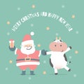 Merry christmas and happy new year with cute santa claus and cow, in the winter season green background, the year of cow zodiac Royalty Free Stock Photo