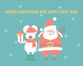 Merry christmas and happy new year with cute santa claus and mouse holding gift box present, snowflake in green background Royalty Free Stock Photo