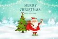 Merry Christmas. Happy new year. Cute Santa Claus with red bag with presents, gift boxes, christmas tree, jingle bell in christmas Royalty Free Stock Photo