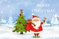 Merry Christmas. Happy new year. Cute Santa Claus with red bag with presents, gift boxes, christmas tree, jingle bell in christmas Royalty Free Stock Photo