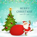 Merry Christmas. Happy new year. Cute Santa Claus with red bag, christmas tree, jingle bell in christmas snow scene
