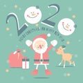 Merry christmas and happy new year 2020 with cute santa claus, snowflake, star, reindeer, snowman in the winter green background Royalty Free Stock Photo