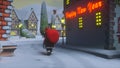 2023 Merry Christmas and Happy New Year 3d rendering. Santa Claus carries a bag with gifts. View of a small town or village on a