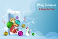 Merry Christmas and happy new year 3D template. Gift box and xmas crystal balls in smartphone virtual screen. Idea for season