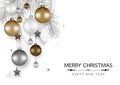 Merry Christmas and Happy new year decorated with Christmas balls , Gray pine branch, Star, Ribbon, hanging isolated on white.