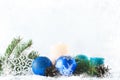 Merry Christmas and Happy New Year. Christmas Decoration Banner for sale or greeting card. Festive balls, decor and spruce Royalty Free Stock Photo