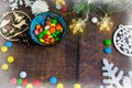 Merry Christmas and happy New year. Christmas decoration design on wooden background with candy bowl.the composition of Christmas Royalty Free Stock Photo