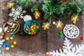 Merry Christmas and happy New year. Christmas decoration design on wooden background with candy bowl.the composition of Christmas Royalty Free Stock Photo