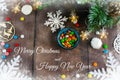 Merry Christmas and happy New year. Christmas decoration design on wooden background with candy bowl.the composition of Christmas Royalty Free Stock Photo