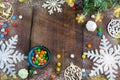 Merry Christmas and happy New year. Christmas decoration design on wooden background with candy bowl.the composition of Christmas Royalty Free Stock Photo