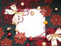 Merry Christmas and Happy New Year Decoration. Red and gold Bauble on Christmas black background. Winter time. Snowflake Royalty Free Stock Photo