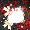 Merry Christmas and Happy New Year Decoration. Red and gold Bauble on Christmas black background. Winter time. Snowflake Royalty Free Stock Photo