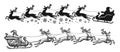 Santa Claus in sleigh full of gifts with flying reindeer. Merry Christmas and Happy New Year decoration