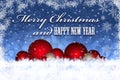 Merry Christmas and Happy New Year decoration with snow background. Greeting card