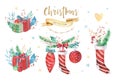 Merry Christmas and Happy New Year 2019 decoration winter set. Watercolor holiday background. Xmas element card