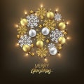 Merry Christmas Happy New Year decorative postcard, baubles and