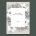 Merry Christmas, Happy New Year decorative vintage greeting card, invitation. Holiday frame of hand drawn pine tree Royalty Free Stock Photo