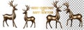 Merry Christmas Happy New Year deer greeting card illustration, realistic 3d solid gold reindeer on white background with festive