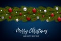 Merry Christmas and Happy New Year design concept. Fir tree branch decoration with glass balls and small stars on blue background. Royalty Free Stock Photo