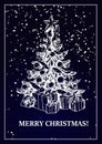 Merry Christmas and Happy New Year design with hand drawn Christmas tree and snow on dark blue background. Vector illustration