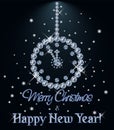 Merry Christmas and Happy New year Diamond card with xmas clock, vector